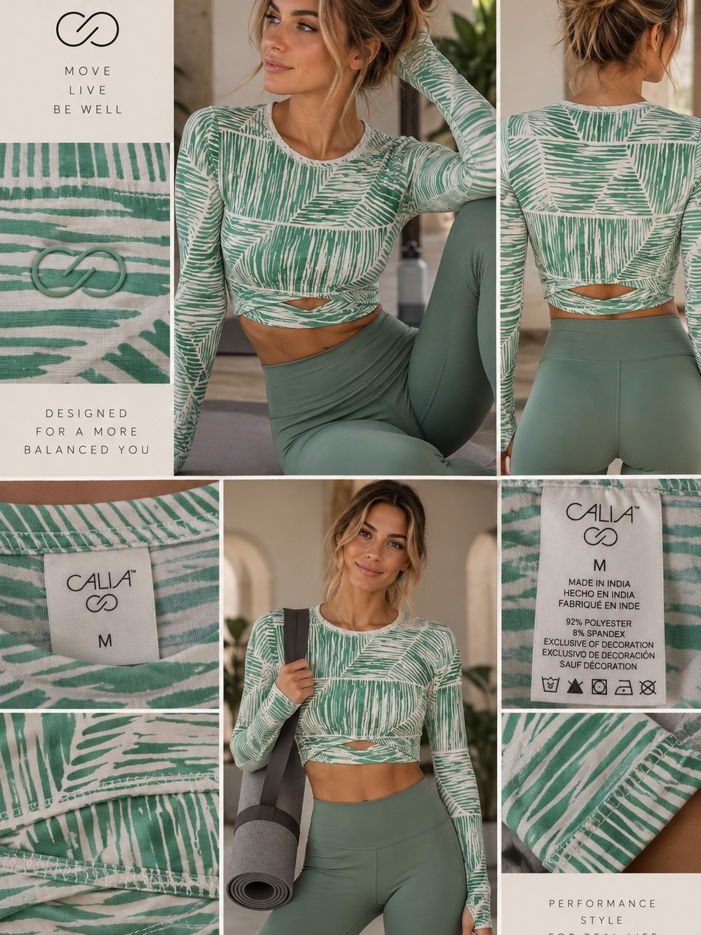 Calia Green Printed Long-Sleeve Crop Top